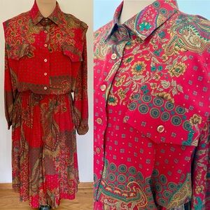 Vintage 80s SCHRADER SPORT Pleated Paisley *20W* Silky Red Shirtwaist Dress